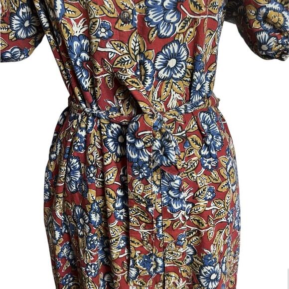 Faherty Boho Linen Dress Size XS Puff Sleeve Midi Belted Red Cottage Peasant - Picture 8 of 16